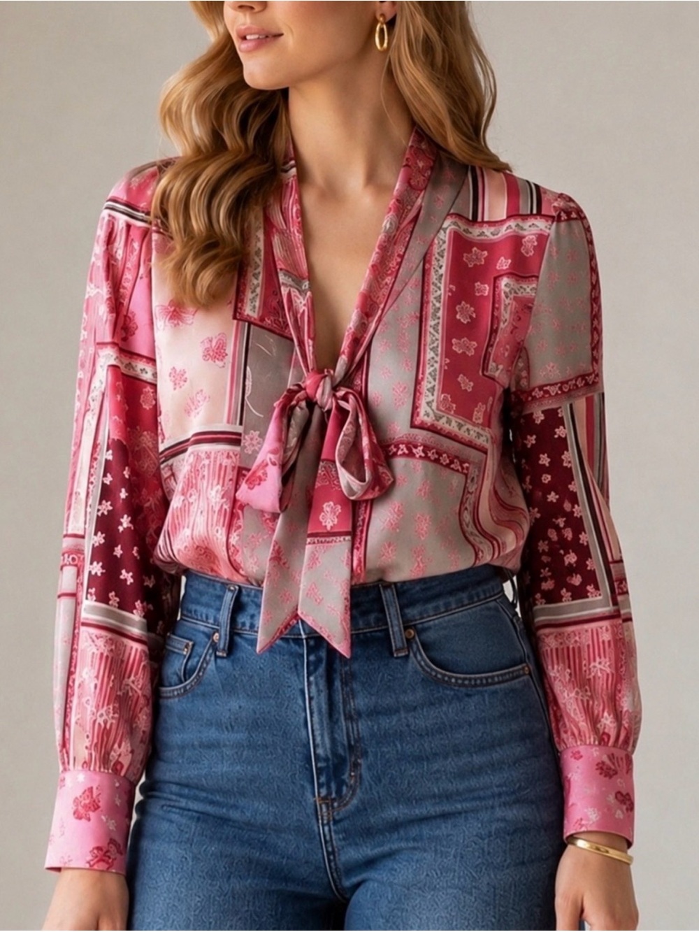 Talbots Pink Floral Patchwork Tie Neck
Button Up Blouse Size